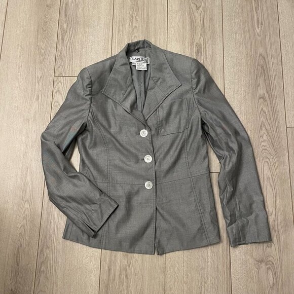 Carlisle Wool Silk Blend Blazer Jacket Three-Button Front Patch Pocket Gray SZ 8 - Picture 2 of 11